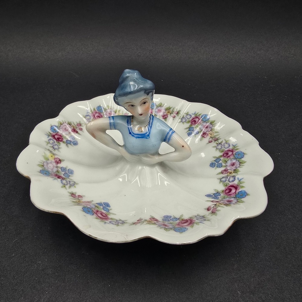 Vintage Ucagco China Porcelain Half Doll Trinket Dish Blue Floral Made in Japan